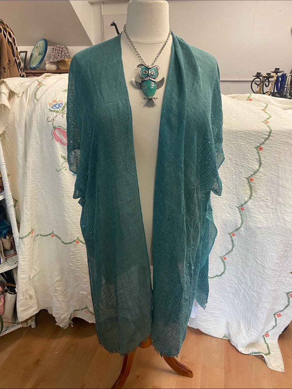 Teal Open-Front Lightweight Women’s Sweater Kimono with sequins -nwt